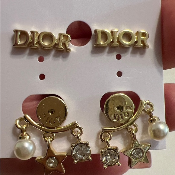 Dior Gold-Tone Logo Earrings with Pearls, Crystals & Stars - Picture 2 of 4